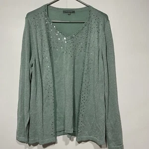 NY Collection Top Womens Large Green Sequins 2 in 1 Mermaid Core Shiny Lagenlook - Picture 1 of 7