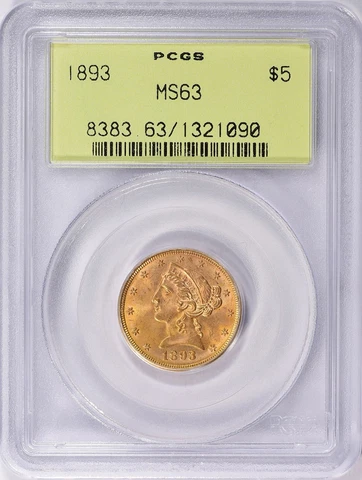 1893 LIBERTY HEAD $5 HALF EAGLE GOLD PCGS MS63 OGH Cover