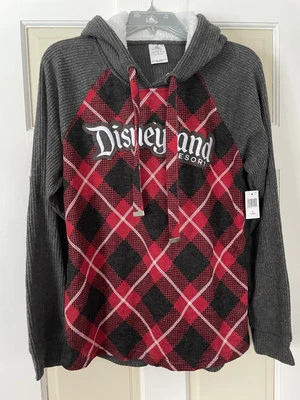 DISNEYLAND RESORT HOODIE GREY RED PLAID RIBBED LONG SLEEVE WOMENS SIZE LARGE - Image 1 of 4