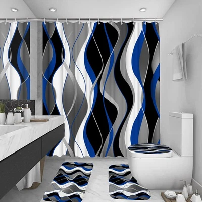 4Pcs Blue Shower Curtain Sets with Non-Slip Rugs, Lid Cover and Bath Mat, Bla... - Image 1 of 4