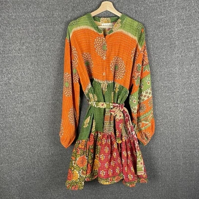 Kantha Bae Boho Hippie Reversible Long Puff Sleeve Short Button Ruffle Dress OS - Image 1 of 4