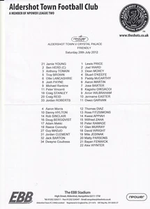 Aldershot Town v Crystal Palace Friendly 28.7.2012 Team Sheet - Picture 1 of 1