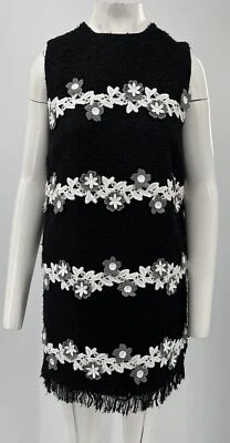 Andrew GN Black Sleeveless Tweed Floral Applique Frayed Hem Mini Dress sz 40 - Image 1 of 4