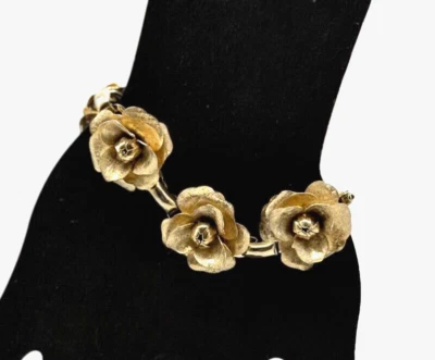 Brazalete Vintage Flor Rosa 3D Estación Eslabón Tono Dorado 6.75 - 7.0"L Foto 1 de 4