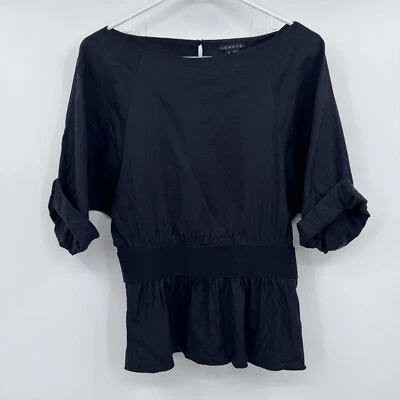 Theory Top Women Small Black Silk Short Sleeve Peplum Office Career Boat Neck - Image 1 of 4