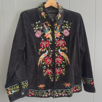 Jaqueta rara preta bordada floral pássaro boho maximalista artesão M - Imagem 1 de 4