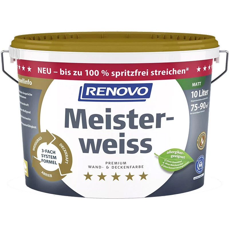 Renovo Meisterweiss 10 Ltr. weiss Matt, spritzfreie Wand- und Deckenfarbe - Bild 1 von 1