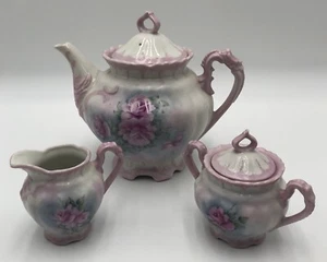 Victorian Porcelain Large Teapot with Cream & Sugar Bowl W/Lid By Angie Matte - Bild 1 von 6