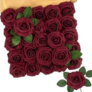 25 Pcs Dark Red Roses Artificial Flowers DIY Wedding Centerpiece Valentine - Picture 1 of 9