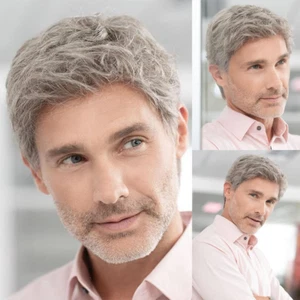 Mens Short Grey Wig Natural Layered Costume Halloween Wigs Synthetic Heat Resist - Picture 1 of 5