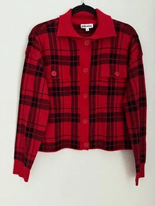 Kathy Ireland Red & Black Plaid Knit Shirt Jacket, Size Large, Collared Neck - Picture 1 of 8