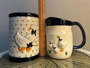 2 Geese Goose Blue Bow Country Charm pitchers vintage - Picture 1 of 1