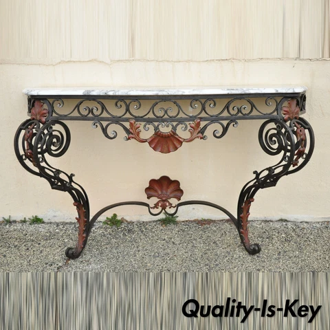 Antique French Art Nouveau Marble Top Wrought Iron Wall Mount Console Hall Table Cover
