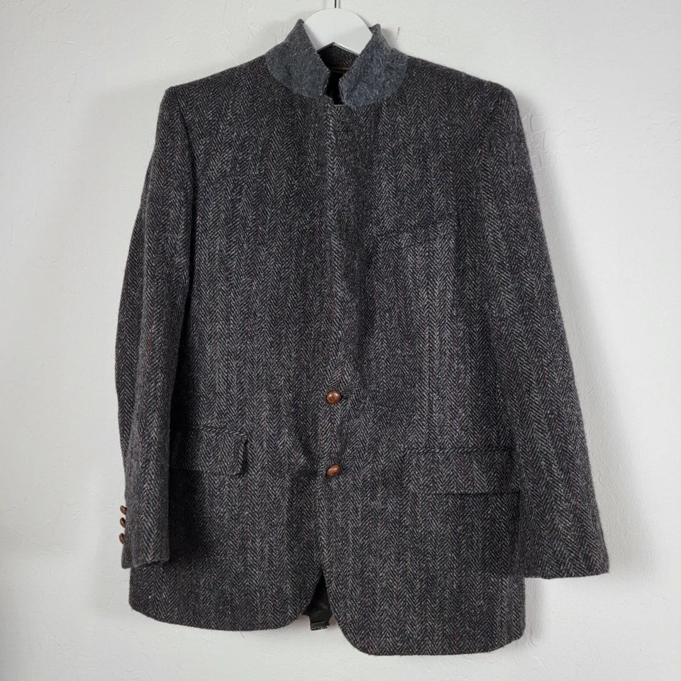 Vintage Harris Tweed Handwoven Scottish Wool Jacket Mens Gray Two-Button Career - Image 1 of 4