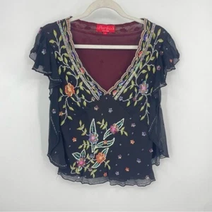 Vintage Aftershock Beaded floral Top 100% Silk Sz L flutter sleeve black Y2k - Picture 1 of 8