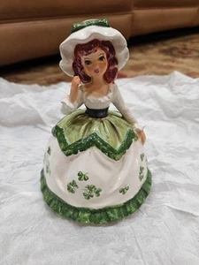 Vintage 1970s Ceramic Irish Girl Musical Figurine Lucky Green Dress Clovers 6.75 - Picture 1 of 3
