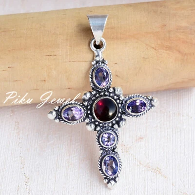 Faceted Amethyst & Garnet Gemstone 925 Sterling Silver Cross Minimalist Pendant - Image 1 of 4