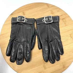 Coach Women's Black Leather Gloves Size 7 Tan Cashmere Lining Silver Buckle Moto - Picture 1 of 7
