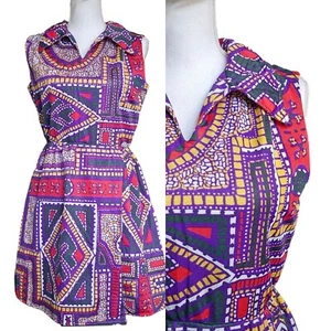 VTG 60s Romper Geometric Abstract Faux Dress Sz M Sleeveless Red Purple Disco - Picture 1 of 12