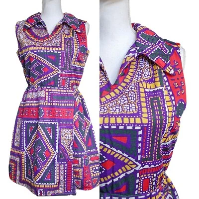 VTG 60s Romper Geometric Abstract Faux Dress Sz M Sleeveless Red Purple Disco - Image 1 of 4