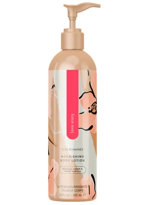 Loción corporal nutritiva Pure Romance miel y oro: pétalos de ámbar, vainilla y rosa Foto 1 de 3