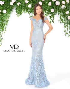 Maxi Vestido MAC DUGGAL Polvo Azul Desnudo Metálico Cuentas Encaje Apliques + Mantón 14 - Imagen 1 de 12