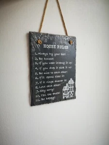 Slate Plaque House Rules Grey 20cm x 15cm Wall Hanging Home Decor - Picture 1 of 3
