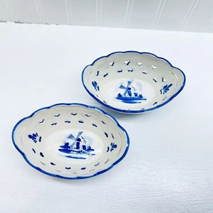 Set di 2 piatti caramelle vintage in ceramica Delft Holland ovale reticolato - Foto 1 di 9