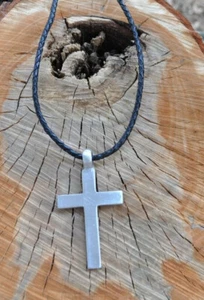 Mens Genuine Leather Jewelry Necklace With Pewter Cross Pendant - Picture 1 of 4