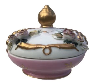 Vtg Porcelain Candy Trinket Dish Pink Roses Gold Pedestal Finial Lid Edwardian - Picture 1 of 14