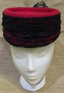 Ladies Red 100% Wool Felt Pillbox Hat Black Lace Netting 1950s Fancy Women's - Picture 1 of 7