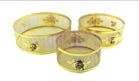 Vintage Rose Metal Basket Set,3x,Gold,Mesh Design,3-D Metal Rose,Sizes-11"/9"/7" Cover