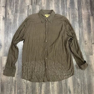Y Chrome Button Up Shirt Long Sleeve Floral Textured Brown Front Men’s Large Y2K - Picture 1 of 6