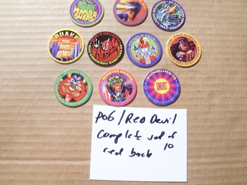 POGS/MILKCAPS POG RED DEVIL/MONSTER SNAPS COMPLETE SET OF 10 RED BACK "RARE SET" - Image 1 of 4