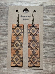 Hand Painted Laser Cut Wood Earrings Rust Aztec Bar 2.5" - Picture 1 of 1