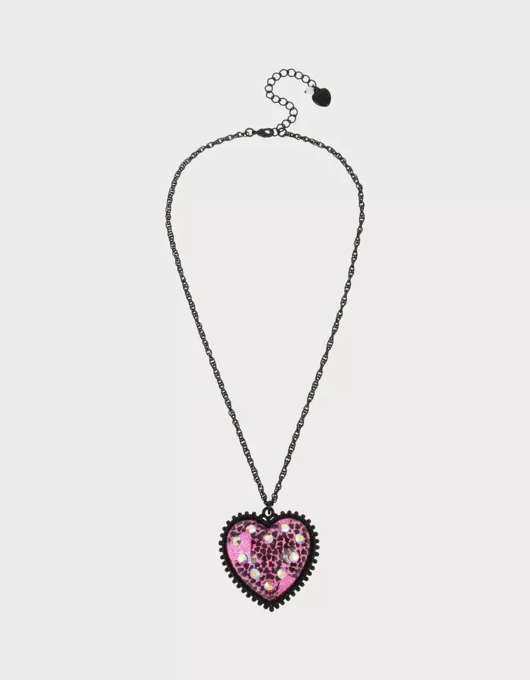 Betsey Johnson Big Kiss Pink Glitter Rhinestone Lips Necklace Bd4
