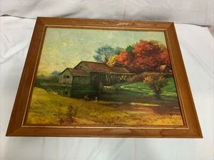 Vintage Art Robert Wood Painting Wood Frame Fall Trees And Water Mill - Picture 1 of 8