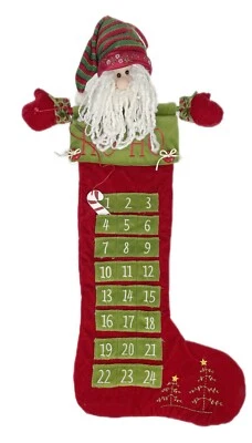 30” Velvet Advent Calendar Countdown Down Christmas Stocking 3D Santa - Image 1 of 4