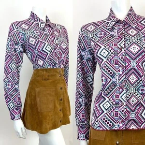 VINTAGE 60s 70s PURPLE WHITE GREEN BLACK GEOMETRIC AZTEC MOD DAGGER SHIRT 14 16 - Picture 1 of 7