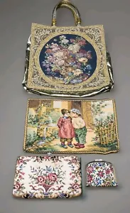 Lote de 4 piezas de bolso de tapiz raro vintage, bolso de mano y monedero de principios a mediados de siglo - Imagen 1 de 19
