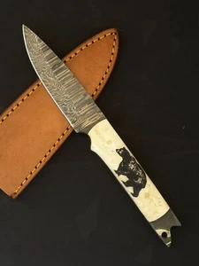 9" FireStorm Damascus Steel Drop Point Scrimshaw Skinner Hunting Knife OX 3461 - Picture 1 of 5