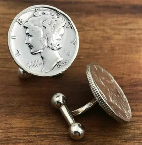 Neu .925 Silber Manschettenknöpfe Vintage Merkur geflügelter Freiheitskopf 90% Silber Groschen - Bild 1 von 5