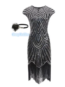 Deluxe Ladies 1920s Roaring 20s Flapper Gatsby Costume Sequins 6-16 Black Silver - Picture 1 of 8