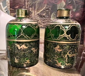 Pair Antique Moser Green Glass Gold Enamel Perfume Bottles Bohemian NO Stoppers - Picture 1 of 9
