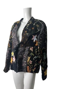 Giacca Indigo Moon Coatigan taglia grande donna nera floreale stelle velluto cravatta - Foto 1 di 12