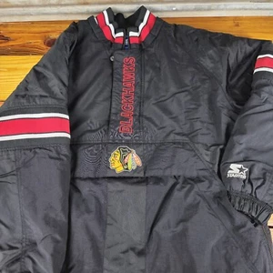 Vintage Chicago Blackhawks Starter Pullover Puffer Jacket Size Medium Black NHL - Picture 1 of 13