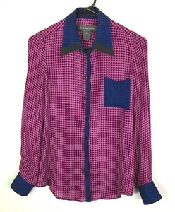 Jennifer Chun Silk Womens Blouse Herringbone Pink Blue Color Block Long Sleeve - Picture 1 of 8