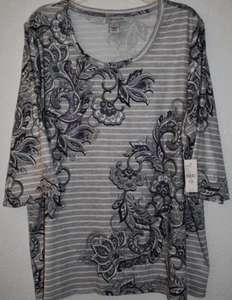Catherines 1X NEW Stretch Top Paisley Floral Stripe Blouse Rhinestones 3/4Sleeve - Picture 1 of 15