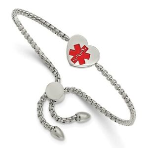 Stainless Steel Red Enamel Heart Medical Alert Id Adjustable Bracelet Up To 8.5