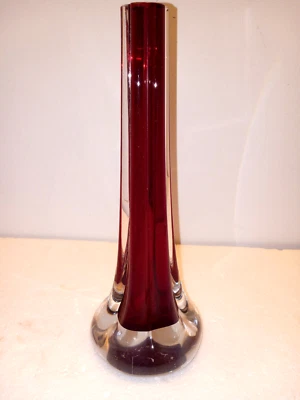 vintage mid century glass vase stretch neck murano heavy ruby clear 10 1/2" - Image 1 of 4